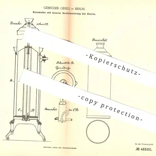 original Patent - Gebr. Gesell , Berlin , 1888 , Gasometer mit Ausbalancierung der Glocke | Gas , Kessel , Gaswerk !!