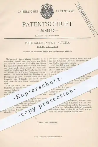 original Patent - Peter Jacob Janns , Hamburg Altona , 1888 , Stiefelblock - Vorderteil | Stiefel , Schuhwerk , Schuster