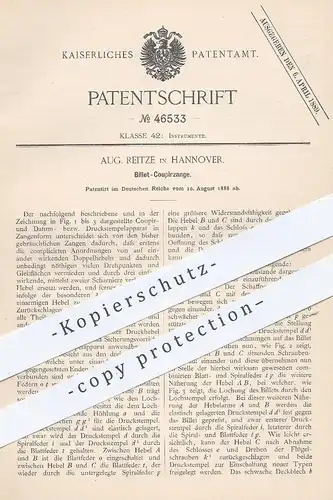 original Patent - Aug. Reitze , Hannover  1888 , Billet - Coupierzange | Fahrkarten - Lochzange | Fahrschein , Schaffner