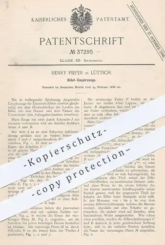 original Patent - Henry Pieper , Lüttich  1886 , Billet - Coupierzange | Fahrkarten - Lochzange | Fahrschein | Eisenbahn