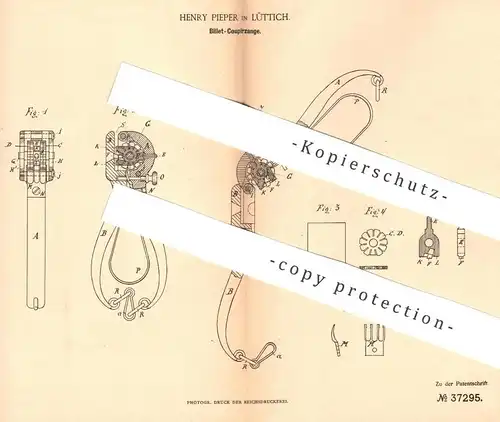 original Patent - Henry Pieper , Lüttich  1886 , Billet - Coupierzange | Fahrkarten - Lochzange | Fahrschein | Eisenbahn