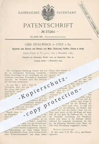 original Patent - Gebr. Stollwerck , Köln / Rhein 1885 , Darren & Rösten von Malz , Cichorien , Kaffee , Kakao | Röstung
