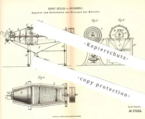 original Patent - Ernst Müller , Bromberg , 1886 , Entschalen und Reinigen von Maische | Kartoffel , Bier , Brauerei !!!