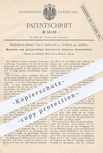 original Patent - Friedrich Ernst Paul Ehrlich , Leipzig / Gohlis 1884 , gleichzeitiges Ausstanzen mehrerer Notenblätter