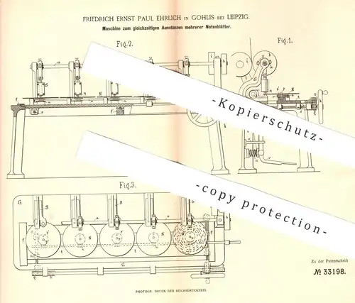 original Patent - Friedrich Ernst Paul Ehrlich , Leipzig / Gohlis 1884 , gleichzeitiges Ausstanzen mehrerer Notenblätter