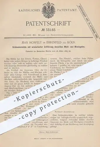 original Patent - Jean Hospelt , Köln / Ehrenfeld , 1885 , Schleudermühle | Mühle , Mühlen , Mahlen , Müller , Mahlgut