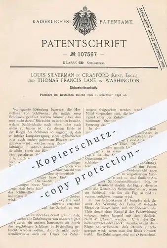 original Patent - Louis Silverman , Crayford , Kent | Thomas Francis Lane , Washington , 1898 , Schloss | Türschloss !!!