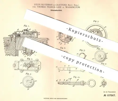 original Patent - Louis Silverman , Crayford , Kent | Thomas Francis Lane , Washington , 1898 , Schloss | Türschloss !!!