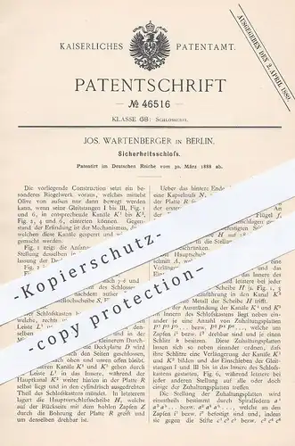 original Patent - Jos. Wartenberger , Berlin , 1888 , Sicherheitsschloss | Schloss , Türschloss , Tür , Schlosser !!