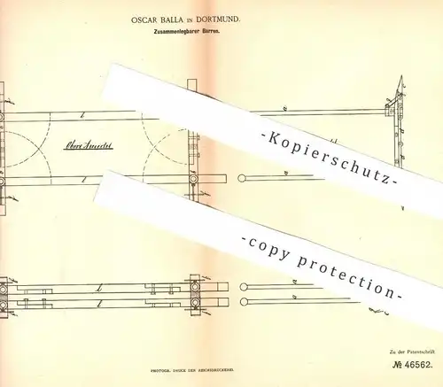 original Patent - Oscar Balla , Dortmund , 1888 , Zusammenlegbarer Barren | Sport , Turnen , Turngerät , Turner !!!