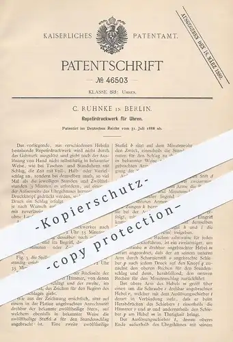 original Patent - C. Ruhnke , Berlin , 1888 , Repetierdruckwerk für Uhren | Uhr , Uhrwerk , Uhrmacher , Druckwerk !!