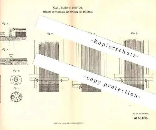 original Patent - Carl Fleer , Rheydt , 1890 , Webstuhl mit Schutz vor Webfehlern | Weben , Weber , Weberei , Gewebe !!