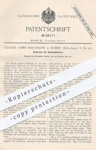 original Patent - Charles James Hartmann , Summit , New Jersey , USA , 1890 , Elektroden für Sammelbatterie | Batterie