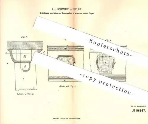 original Patent - J. J. Schmidt , Erfurt , 1890 , hölzerne Radspeichen in eisernen Felgen | Speichen , Rad , Wagenrad !!
