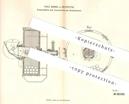 original Patent - Paul Ehmke , Neustettin , 1890 , Kugelmühle mit Siebmantel | Mühle für Dünger Chemiekalien | Mühlen !!