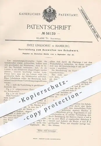 original Patent - Fritz Linkhorst , Hamburg  1890 , Ausweiten von Schuhwerk | Schuhspanner , Schuhe , Stiefel , Schuster