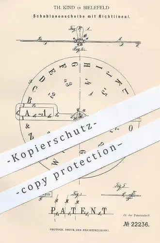 original Patent - Th. Kind , Bielefeld , 1882 , Schablone mit Richtlineal | Lineal | Schablone mit Buchstaben und Zahlen