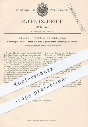 original Patent - Alb. Flormann , Düsseldorf , 1882 , Handvergoldepresse | Vergoldepresse | Presse , Gold , Buchbinder !