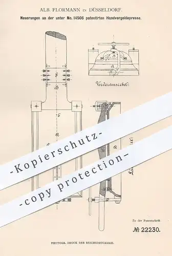 original Patent - Alb. Flormann , Düsseldorf , 1882 , Handvergoldepresse | Vergoldepresse | Presse , Gold , Buchbinder !