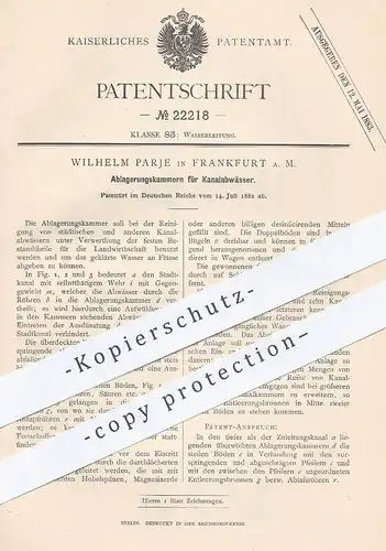 original Patent - Wilhelm Parje , Frankfurt / Main  1882 , Ablagerungskammer für Kanalabwässer | Kanalisation , Abwasser