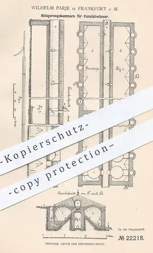 original Patent - Wilhelm Parje , Frankfurt / Main  1882 , Ablagerungskammer für Kanalabwässer | Kanalisation , Abwasser