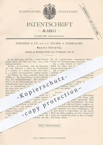 original Patent - Poensgen & Co. und J. F. Hauser , Düsseldorf , 1882 , Mantel - Füllofen | Ofen , Öfen , Heizung !!