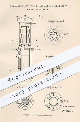 original Patent - Poensgen & Co. und J. F. Hauser , Düsseldorf , 1882 , Mantel - Füllofen | Ofen , Öfen , Heizung !!