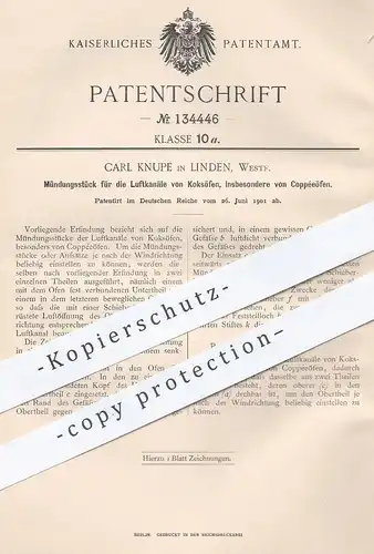 original Patent - Carl Knupe , Linden , 1901 , Mündungsstück für die Luftkanäle von Koksofen , Coppéeofen , Ofen !!!