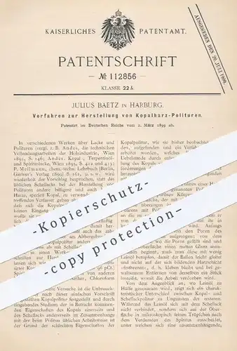 original Patent - Julius Baetz , Harburg , 1899 , Herst. von Kopalharz Politur | Harz , Lack , Öl | Andes | P. Mellmann