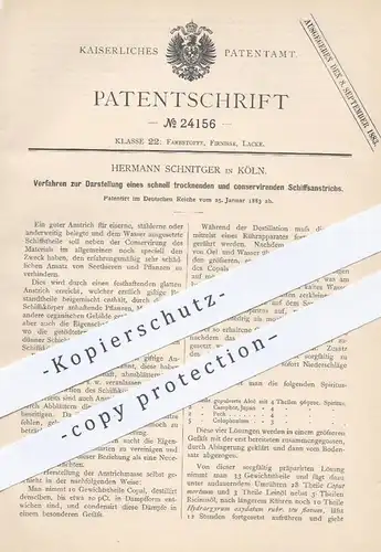 original Patent - Hermann Schnitger , Köln , 1883 , Darstellung konservierender Schiffsanstriche | Farbe , Schiff !!