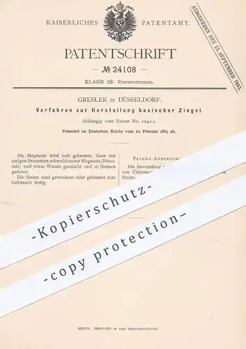 original Patent - Gresler , Düsseldorf , 1883 , Herstellung basischer Ziegel | Magnesia | Stein , Steine , Ziegelei !!!