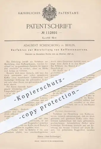 original Patent - Adalbert Scheschong , Berlin , 1898 , Herstellung von Kaffeekonserven | Kaffee - Konserve | Dose !!