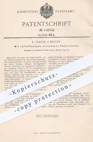 original Patent - K. Festge , Erfurt , 1900 , Mit Luftöffnungen versehener Futterbeutel für Tiere | Tierzucht , Tier !!!