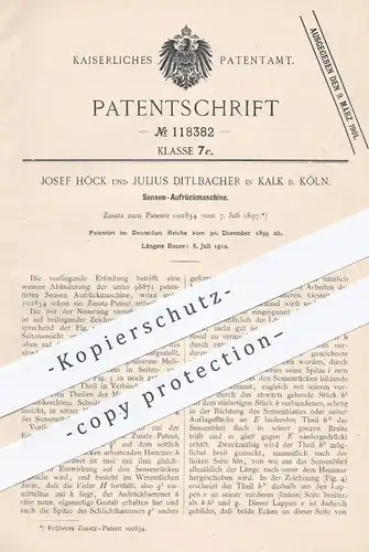 original Patent - Josef Höck , Julius Ditlbacher , Kalk / Köln  1899 , Sensen - Aufrückmaschine | Sense | Landwirtschaft