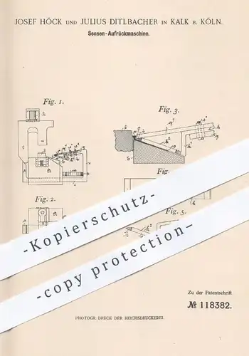 original Patent - Josef Höck , Julius Ditlbacher , Kalk / Köln  1899 , Sensen - Aufrückmaschine | Sense | Landwirtschaft
