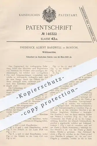 original Patent - Frederick Albert Bardwell , Boston , 1902 , Wählmaschine | Registrieren von Wahl - Stimmen | Wahlurne
