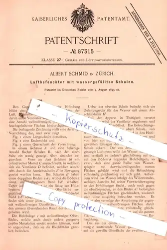 original Patent - Albert Schmid in Zürich , 1895 , Luftbefeuchter mit wassergefüllten Schalen !!!