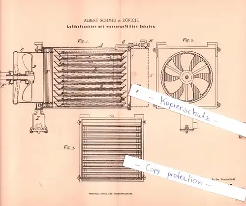 original Patent - Albert Schmid in Zürich , 1895 , Luftbefeuchter mit wassergefüllten Schalen !!!