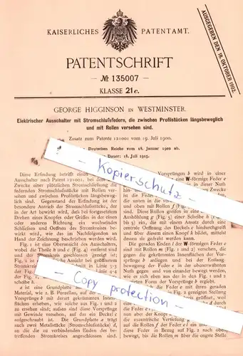 original Patent - George Higginson in Westminster  , 1902 , Elektrischer Ausschalter mit Stromschlußfedern !!!