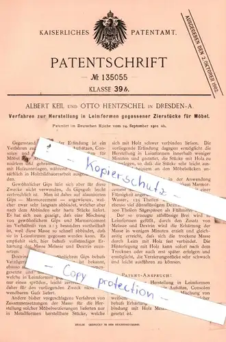 original Patent - A. Keil und O. Hentzschel in Dresden-A. , 1901 , in Leimformen gegossener Zierstücke für Möbel !!!