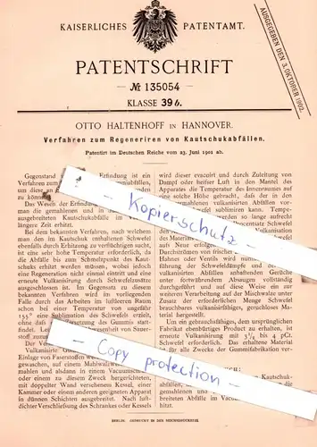 original Patent - Otto Haltenhoff in Hannover , 1901 , Verfahren zum Regeneriren von Kautschukabfällen !!!