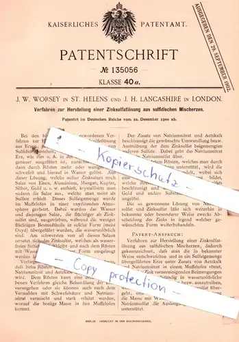 original Patent - J. W. Worsey in St. Helens und J. H. Lancashire in London , 1900 , Zinksulfatlösung !!!