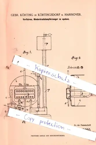 original Patent - Gebr. Körting in Körtingsdorf b. Hannover , 1901 , Verfahren, Niederdruckdampferzeuger zu speisen !!!