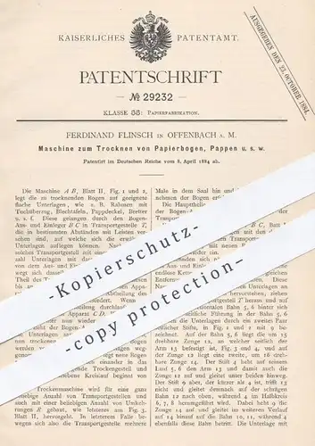 original Patent - Ferdinand Flinsch , Offenbach / Main , 1884 , Trocknen von Papier , Pappe , Karton | Papierfabrik !!