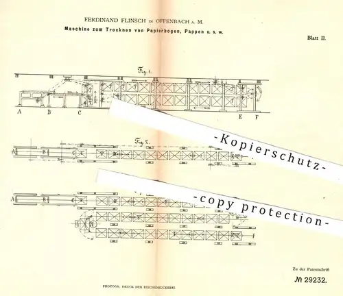 original Patent - Ferdinand Flinsch , Offenbach / Main , 1884 , Trocknen von Papier , Pappe , Karton | Papierfabrik !!