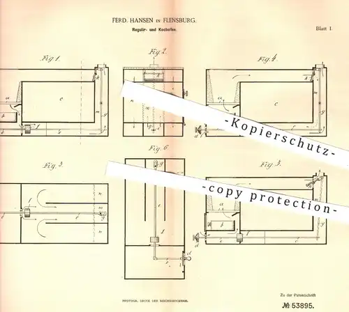 original Patent - Ferd. Hansen , Flensburg , 1889 , Regulierofen u. Kochofen | Kochherd , Herd , Ofen , Öfen , Ofenbauer