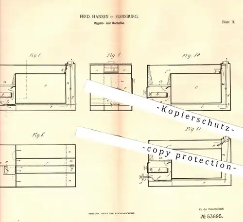 original Patent - Ferd. Hansen , Flensburg , 1889 , Regulierofen u. Kochofen | Kochherd , Herd , Ofen , Öfen , Ofenbauer