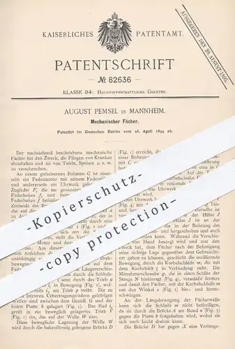 original Patent - August Pemsel , Mannheim , 1894 , Mechanischer Fächer | Federmotor , Motor , Uhrwerk , Fächerwelle !!