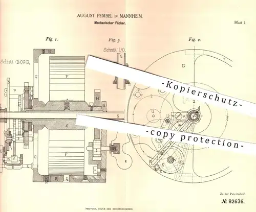 original Patent - August Pemsel , Mannheim , 1894 , Mechanischer Fächer | Federmotor , Motor , Uhrwerk , Fächerwelle !!