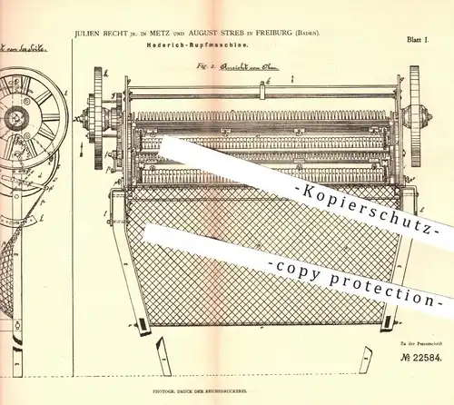 original Patent - Julien Becht , Metz u. Aug. Streb , Freiburg , 1882 , Hederich - Rupfmaschine | Jäten , Landwirtschaft